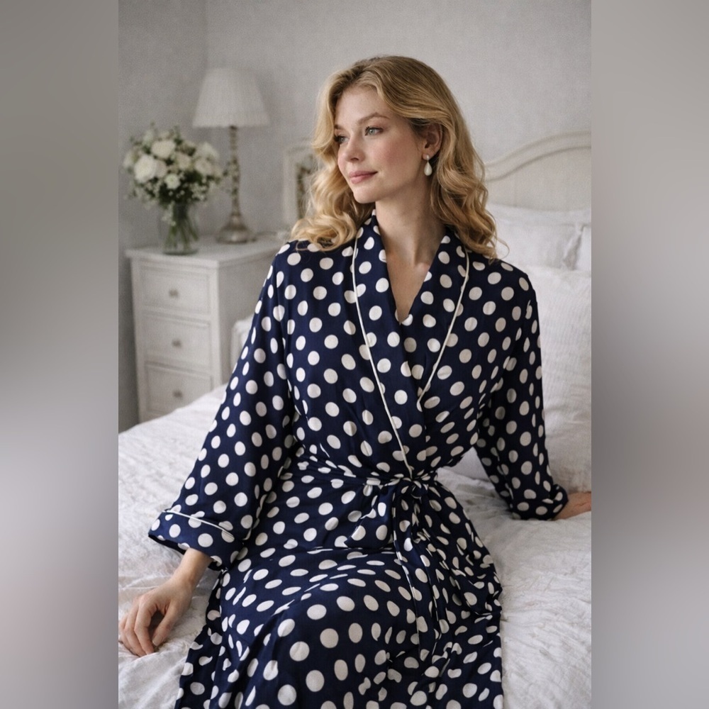 Vintage 90's Victoria's Secret Polka Dot Kimono Robe Navy Blue White w/ Pockets